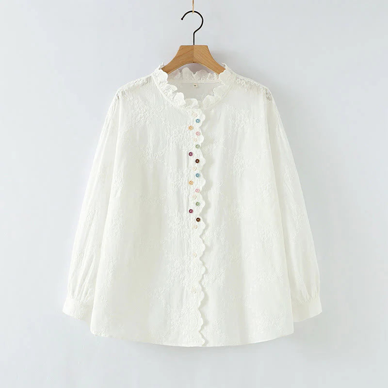 Buddha Stones Fall Ruffled Collar Embroidered Relief Flower Buttons Women's Cotton Long Sleeve Shirt