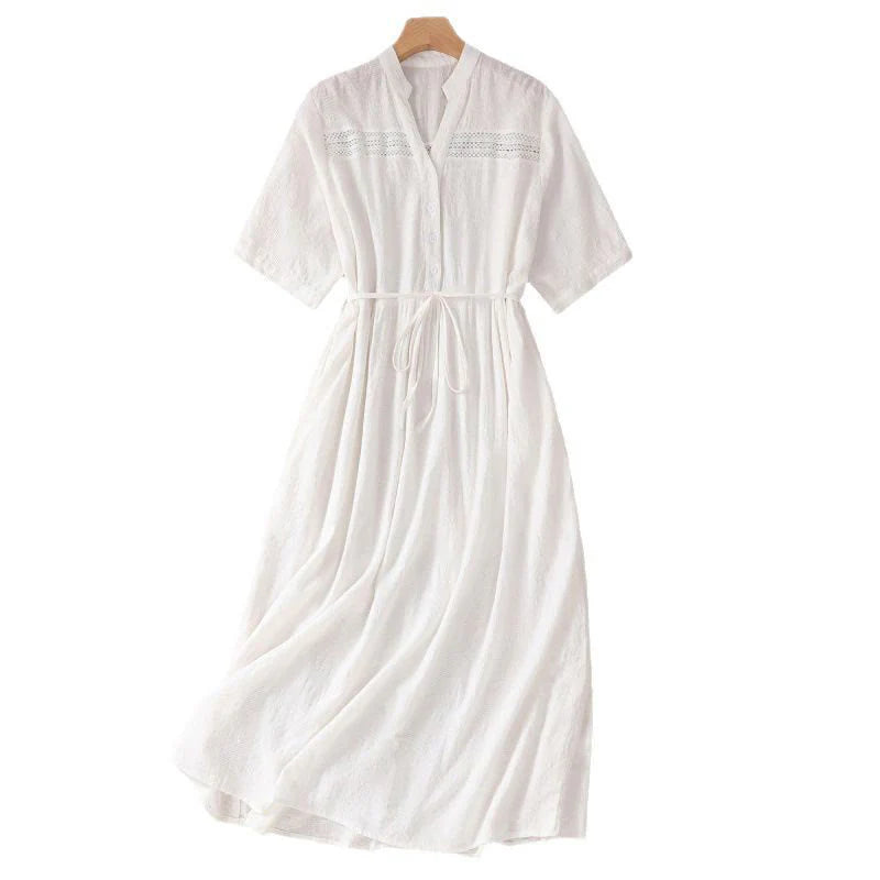 Buddha Stones Summer Plain Hollow Jacquard Design Cotton Short Sleeve Midi Dress With Pockets