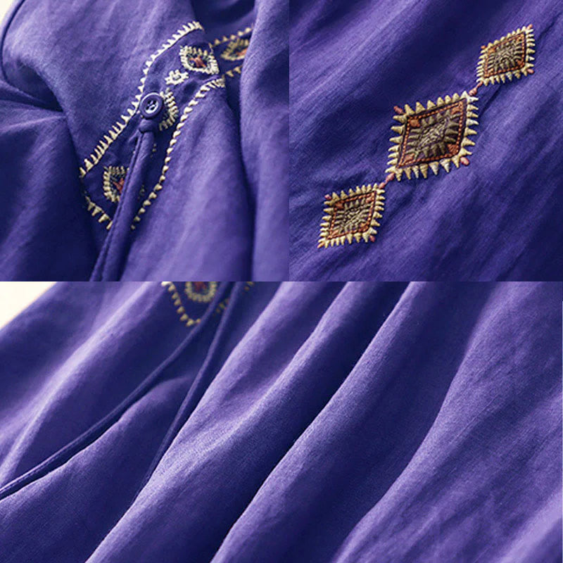 Buddha Stones Ethnic Vintage Embroidery Button Design Women's Cotton Linen 7-8 Length Skirt