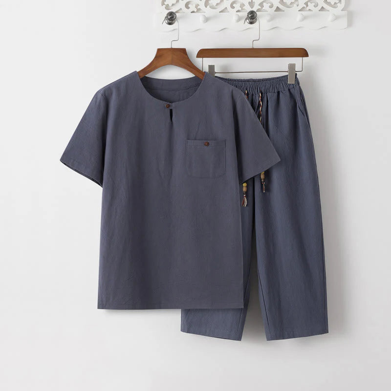 Buddha Stones Summer 2Pcs Plain Short Sleeve T-Shirt 7-8 Length Pants Cotton Linen Tang Suit Men's Meditation Cloth Set With Pockets