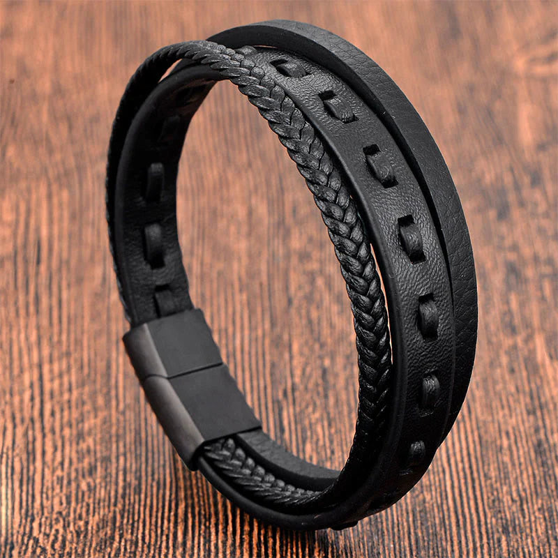 Buddha Stones Titanium Steel Buckle Multilayered Braided Leather Calm Bracelet