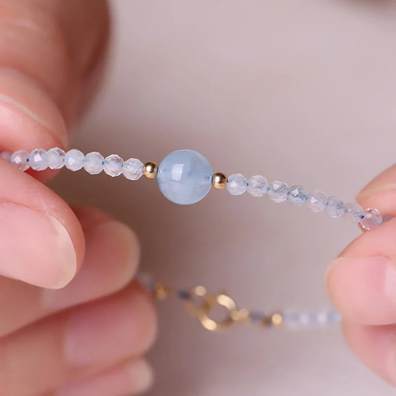 Buddha Stones Natural Aquamarine Ultra-Fine 2mm Faceted Bead Peace Bracelet