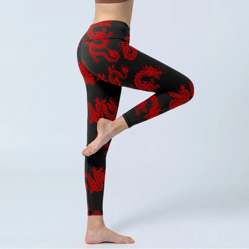 Buddha Stones Red Dragon Pattern Gym Leggings Women's Yoga Pants