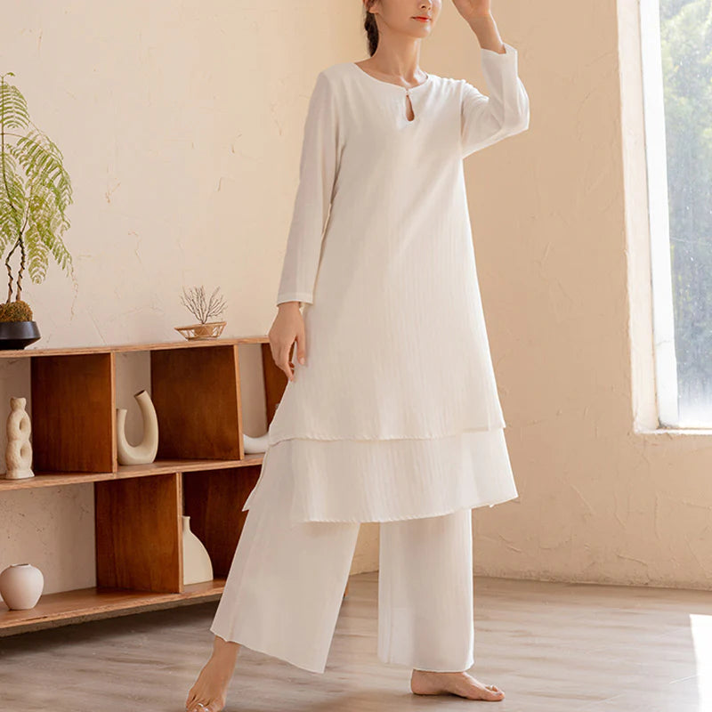 Buddha Stones 2Pcs Simple Design Tai Chi Meditation Yoga Clothing Top Pants Women's Set