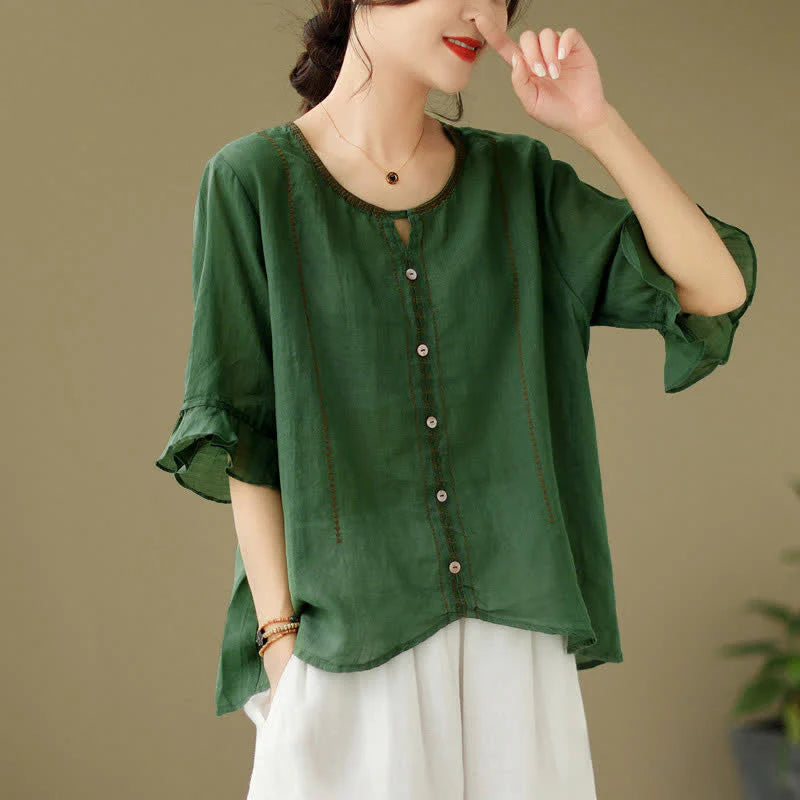 Buddha Stones Embroidery Buttons Crew Neck Flared Short Sleeve Women's Shirt