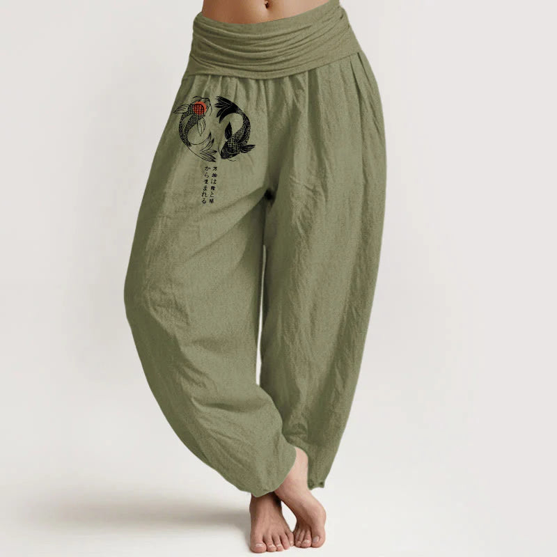 Buddha Stones Pure Cotton Koi Fish Pattern Women's Elastic Waist Harem Pants