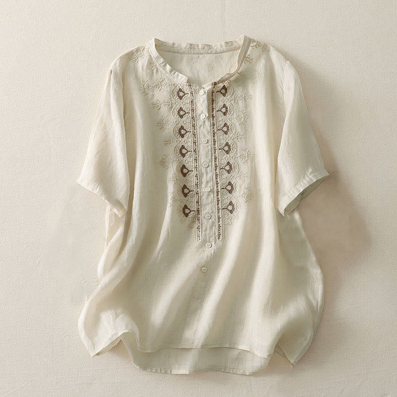 Buddha Stones Summer Floral Pattern Crew Neck Short Sleeve Women's Polyester Shirt