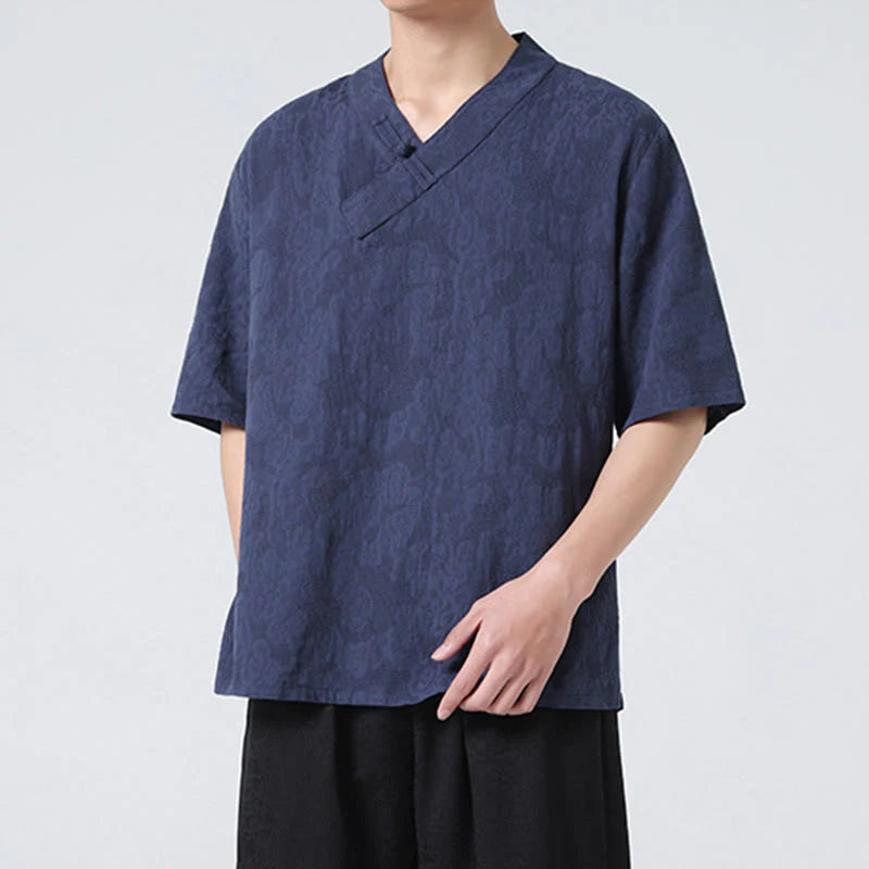 Buddha Stones Ethnic Distressed Jacquard Frog-Button Men's Stand Collar Half Sleeve Cotton Linen Shirt Tai Chi Clothes