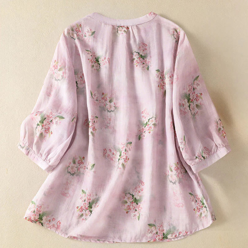 Buddha Stones Crew Neck Casual Frog-Button Floral Print Pattern Blouse Half Sleeve Women's Shirts