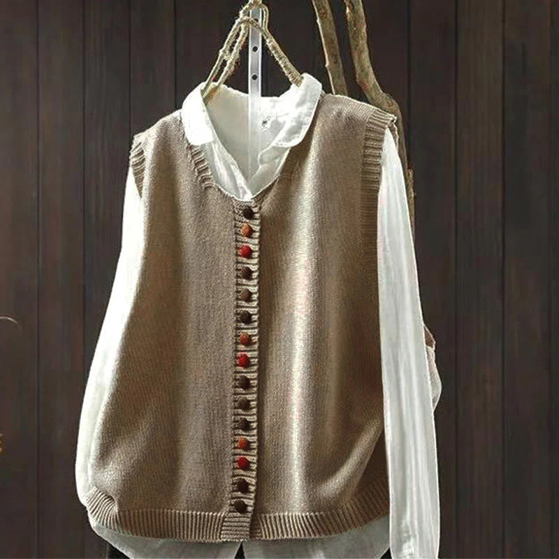 Buddha Stones Colorful Buttons Women's Sleeveless Cotton Knitted Vest Waistcoat