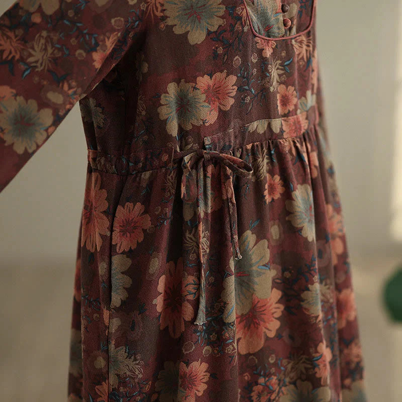 Buddha Stones Flower Pattern Long Sleeve Cotton Midi Dress With Pockets