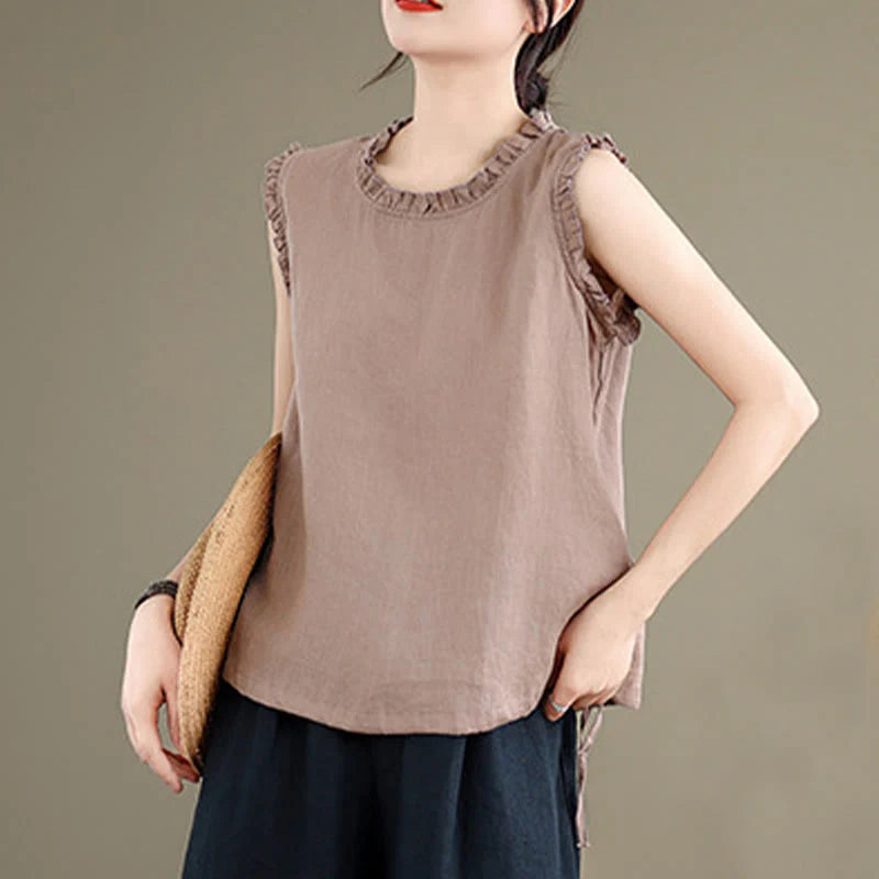 Buddha Stones Summer Ruffled Design Drawstring Crew Neck Cotton Linen Women's Sleeveless Vest