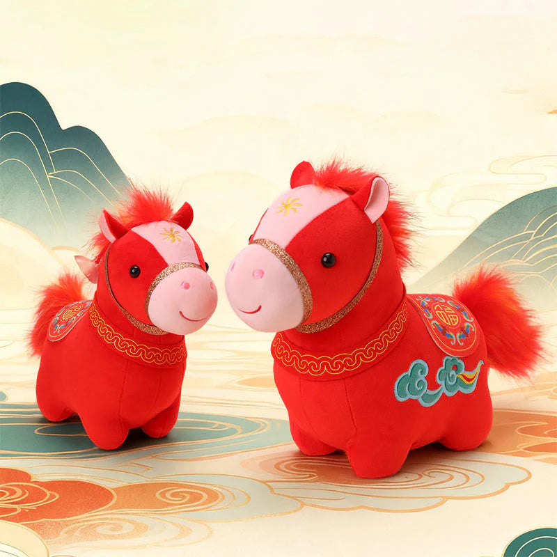 Buddha Stones Year Of The Horse Auspicious Cloud Pattern Stuffed Red Pony Plush Doll Home Decoration