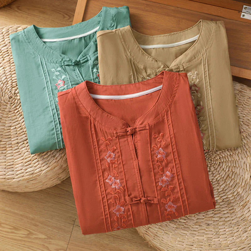 Buddha Stones Frog-button Stand Collar Embroidered Flower Elastic Cuff Three Quarter Sleeve Women's Shirt