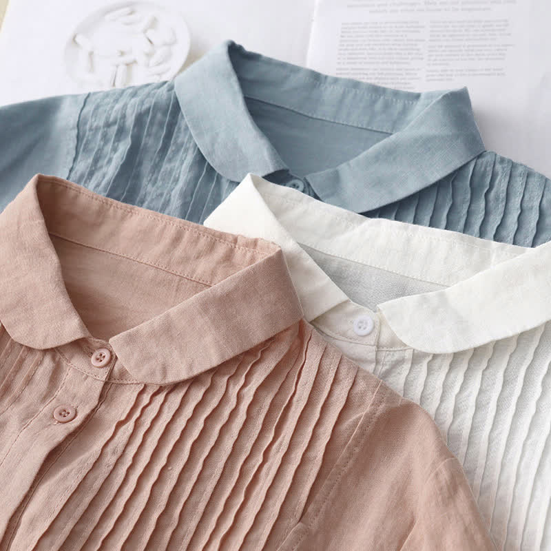 Buddha Stones Spring Pleated Pintuck Peter Pan Collar Half Sleeve Women's Shirt