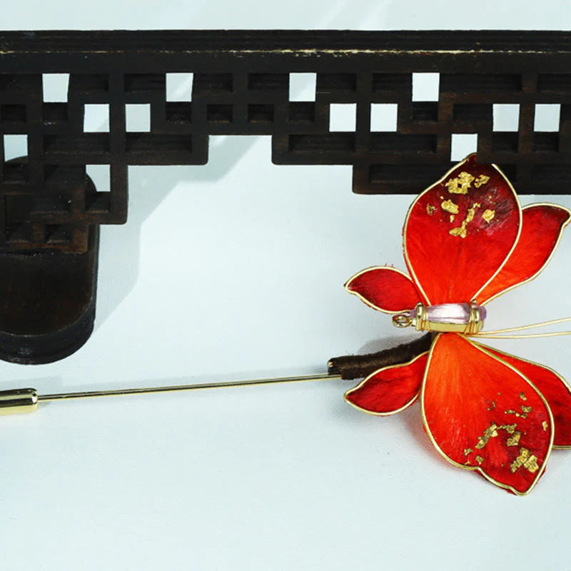 Buddha Stones Handcrafted Silk Art Velvet Flower Red Butterfly Brooch