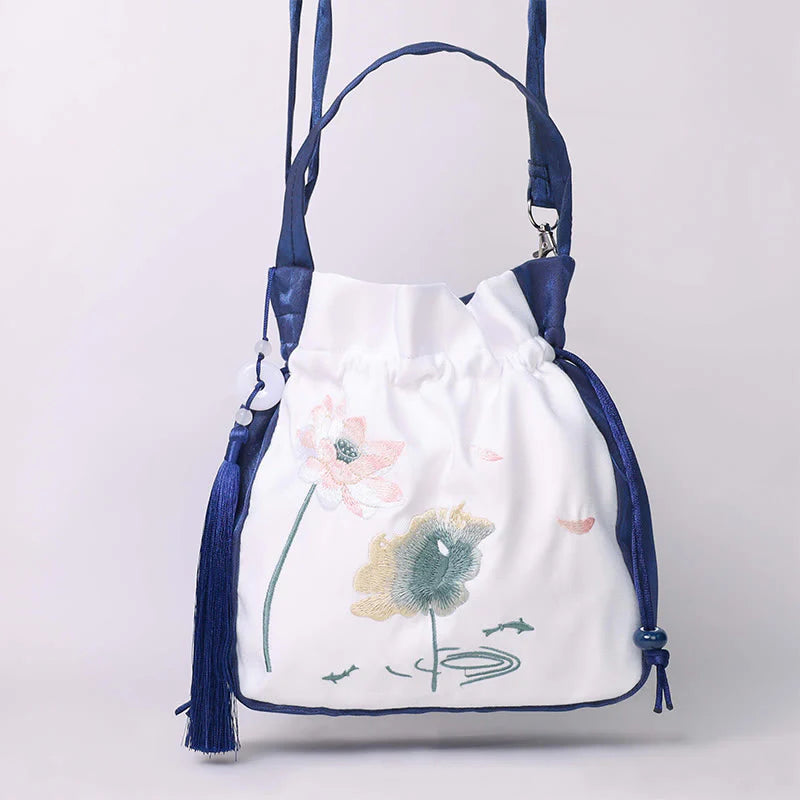 Buddha Stones Embroidered Lotus Koi Fish Crane Camellia Cotton Linen Tote Crossbody Bag Shoulder Bag Handbag