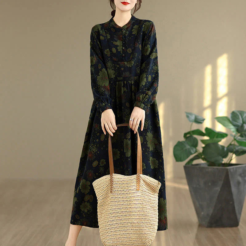 Buddha Stones Flower Pattern Long Sleeve Cotton Midi Dress With Pockets