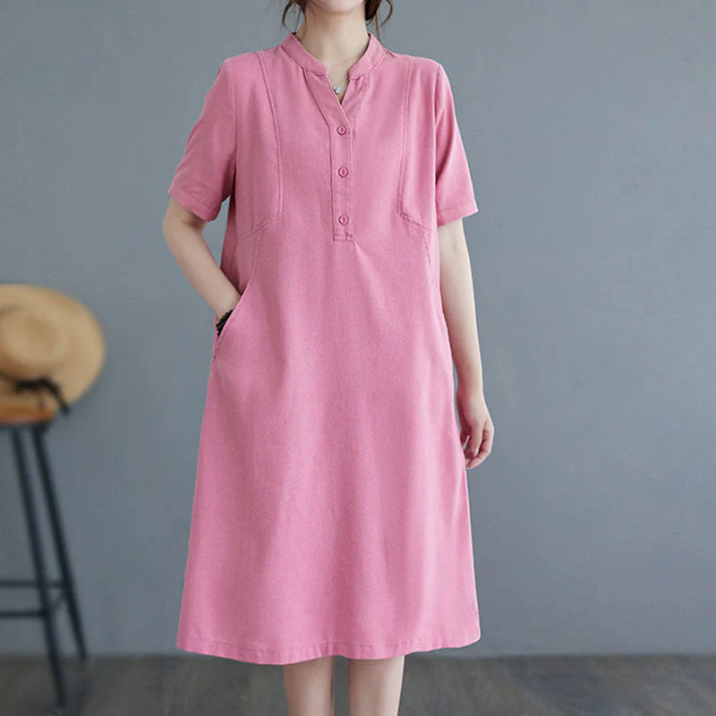 Buddha Stones Casual Daily Pure Color Button Design Short Sleeve Cotton Linen Midi Dress With Pockets