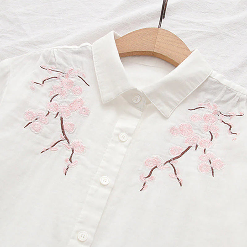 Buddha Stones Fall Pink Plum Blossoms Embroidery Buttons Women's Cotton Long Sleeve Shirt