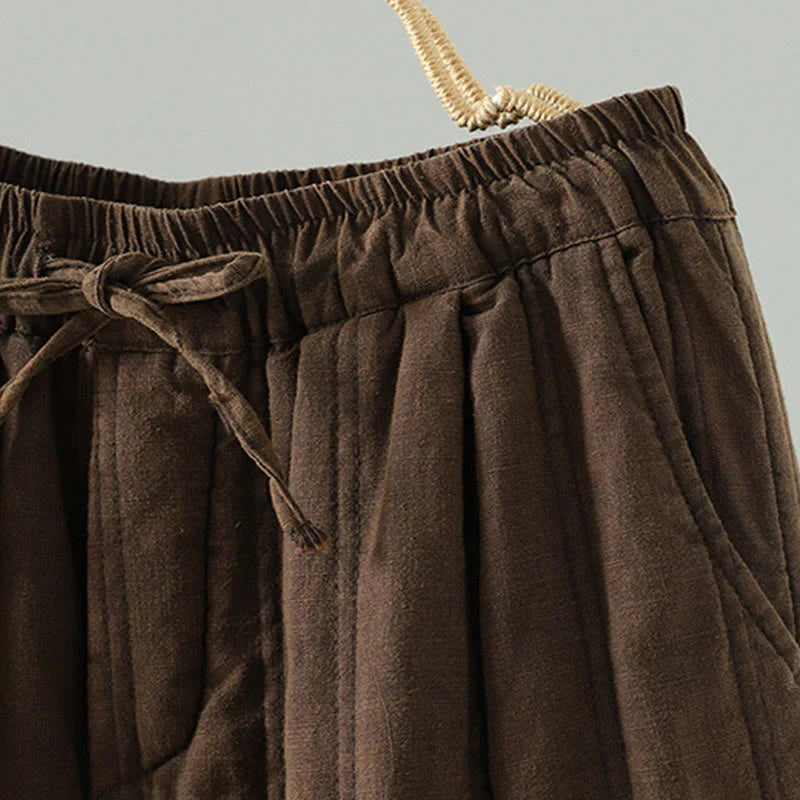 Buddha Stones Daily Plain Drawstring Design Women's Harem Elastic Waist Cotton Pants With Pockets