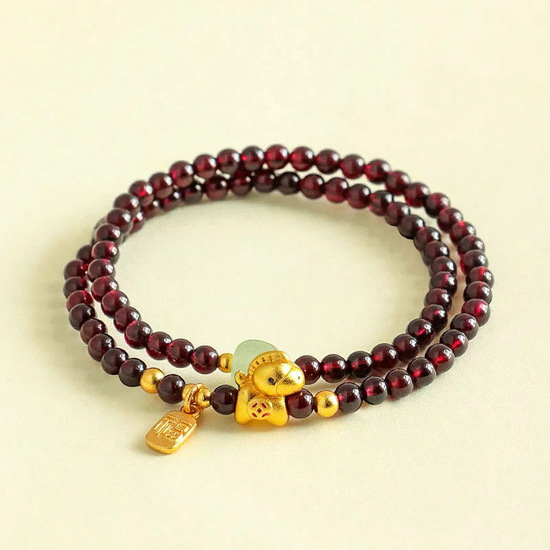 Buddha Stones Year Of The Horse Garnet Jade Fu Character Stability Double Wrap Bracelet