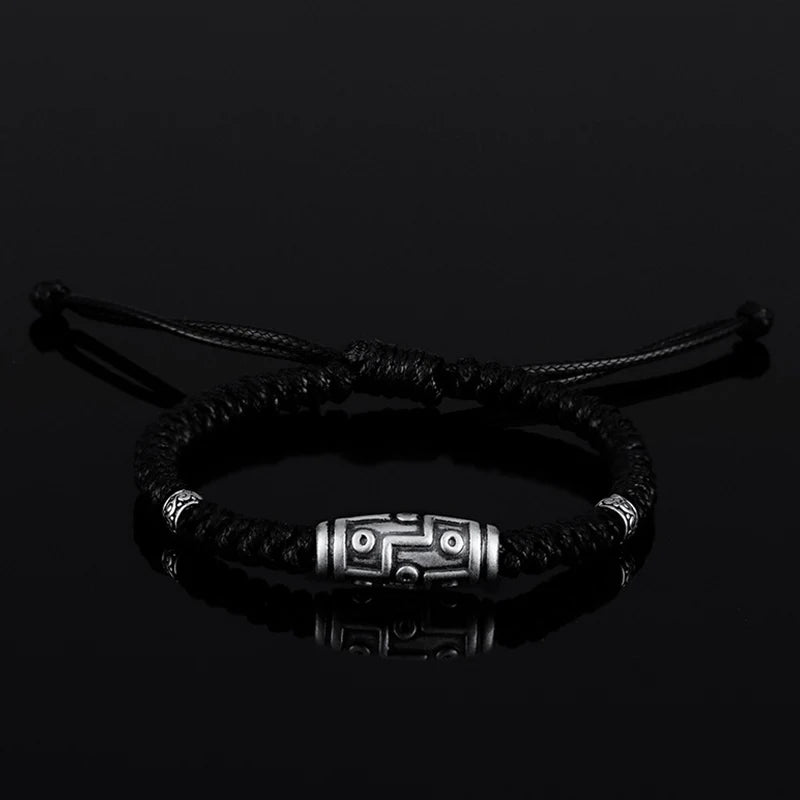 Buddha Stones 999 Sterling Silver Nine-Eye Dzi Bead Pattern Blessing Rope Bracelet