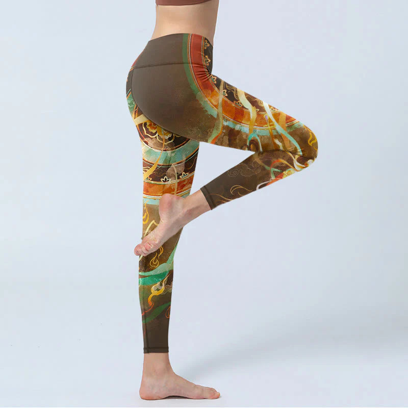 Buddha Stones Dunhuang Flying Apsaras Mandala Print Gym Leggings Women's Yoga Pants