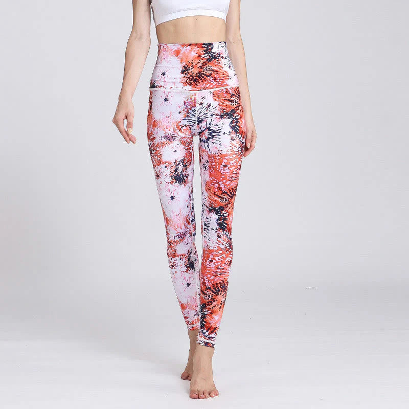 Buddha Stones Red Pink Flowers Print Sports Fitness Yoga High Waist Leggings Women's Yoga Pants