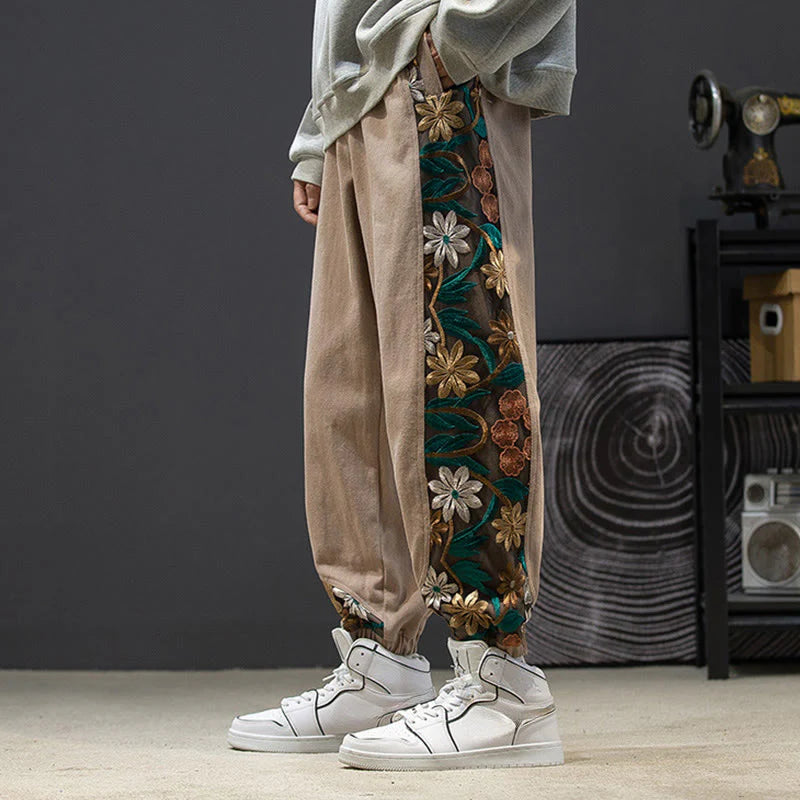 Buddha Stones Spring Men's Embroidered Flower Pattern Patchwork Cotton Pants With Pockets