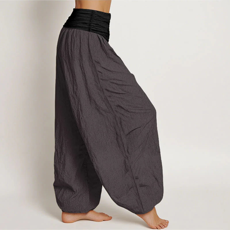 Buddha Stones Cotton Blue Black Gray Solid Color Women's Elastic Waist Harem Pants