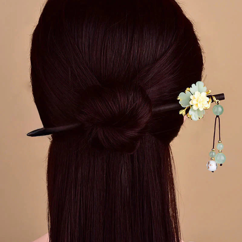 Buddha Stones Green Yellow White Flower Liuli Glass Wood Hairpin