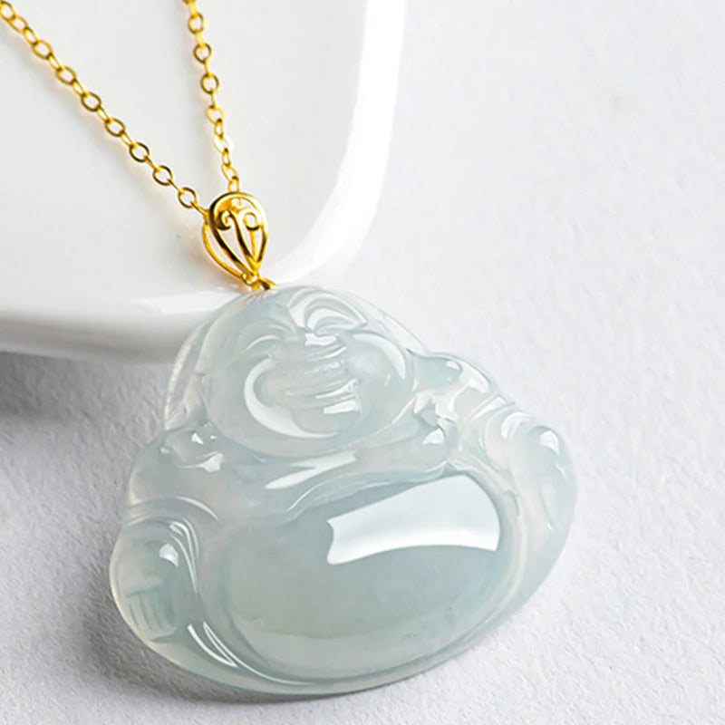 Buddha Stones Laughing Buddha Natural Jade Abundance Titanium Steel Chain Necklace Pendant