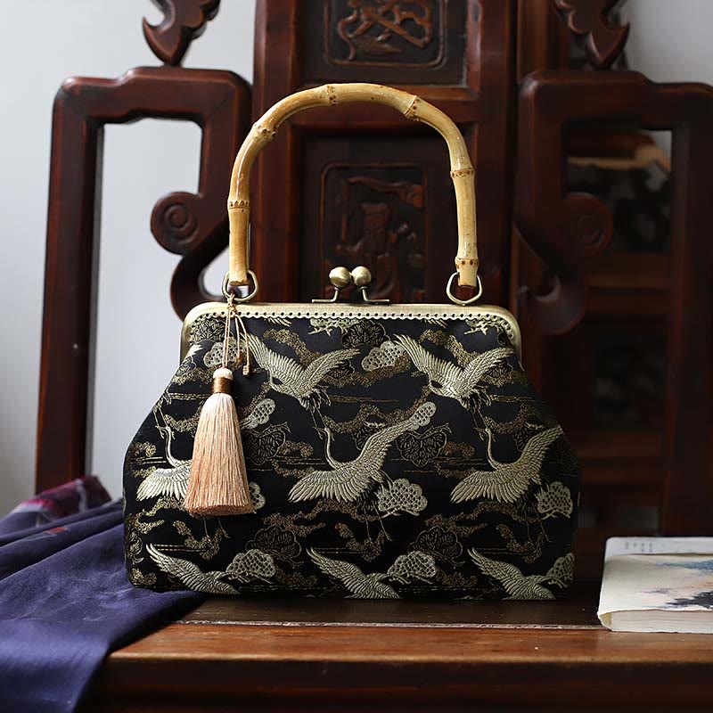 Buddha Stones Dragonfly Crane Bamboo Leaves Plum Blossom Bamboo Handles Handbag (Extra 30% Off | USE CODE: FS30)