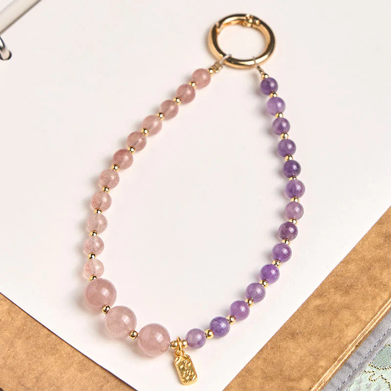 Buddha Stones Strawberry Quartz Amethyst Happiness Healing Key Chain Phone Hanging Decoration