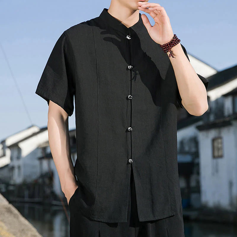 Buddha Stones Summer Solid Color Front Button Design Men's Half Sleeve Cotton Shirt