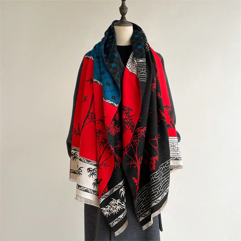 Buddha Stones Winter Bamboo Leaf Little Bird Pattern Cozy Scarf Shawl