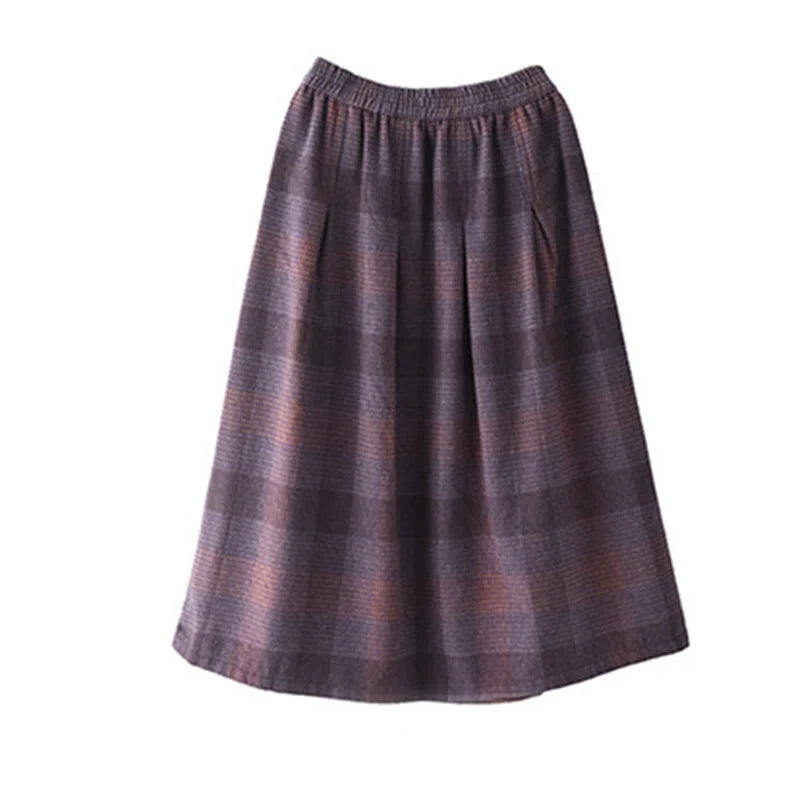 Buddha Stones Women's Winter Plaid Pattern Cotton Thermal 7-8 Length Skirt With Pockets