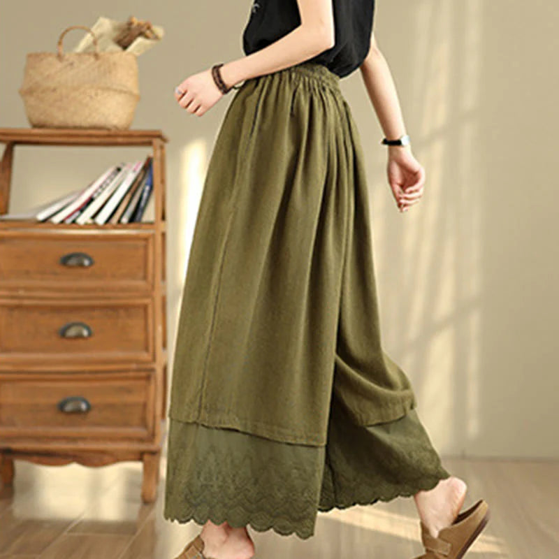 Buddha Stones Spring Embroidery Lace Hem Patchwork Drawstring Design Women's Wide Leg Cotton Pants With Pockets