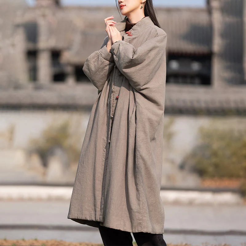 Buddha Stones Winter Solid Frog-Button Ramie Cotton Women's Long Sleeve Thermal Coat With Pockets
