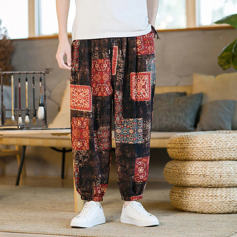Buddha Stones Summer Square Patchwork Cotton Linen Men's Ankle-Length Harem Pants With Pockets