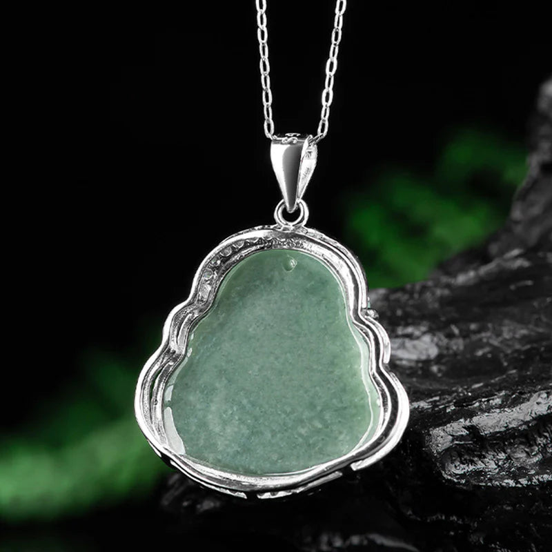 Buddha Stones Laughing Buddha Jade Abundance Necklace Titanium Steel Chain Pendant