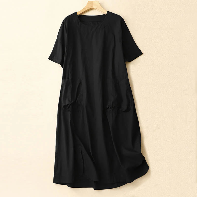 Buddha Stones Summer Plain Crew Neck Simple Short Sleeve Design Midi Dress With Pockets