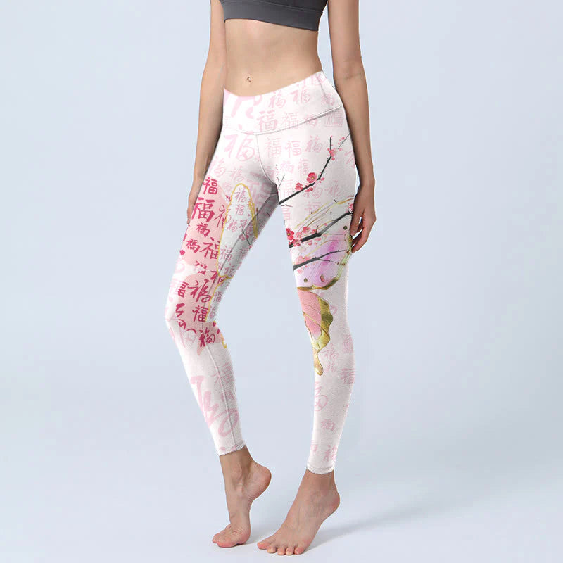 Buddha Stones Butterfly Plum Blossom Fu Character Pattern Print Gym Leggings Women's Yoga Pants