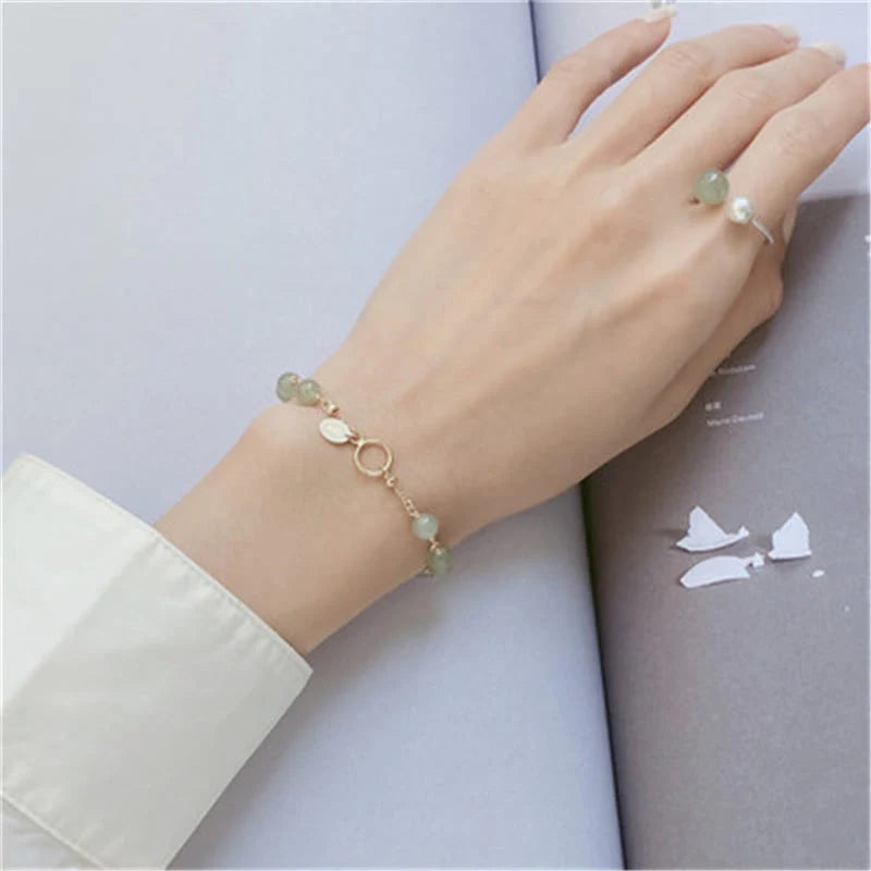 Buddha Stones 14k Gold Plated Hetian Jade Beaded Prosperity Chain Bracelet