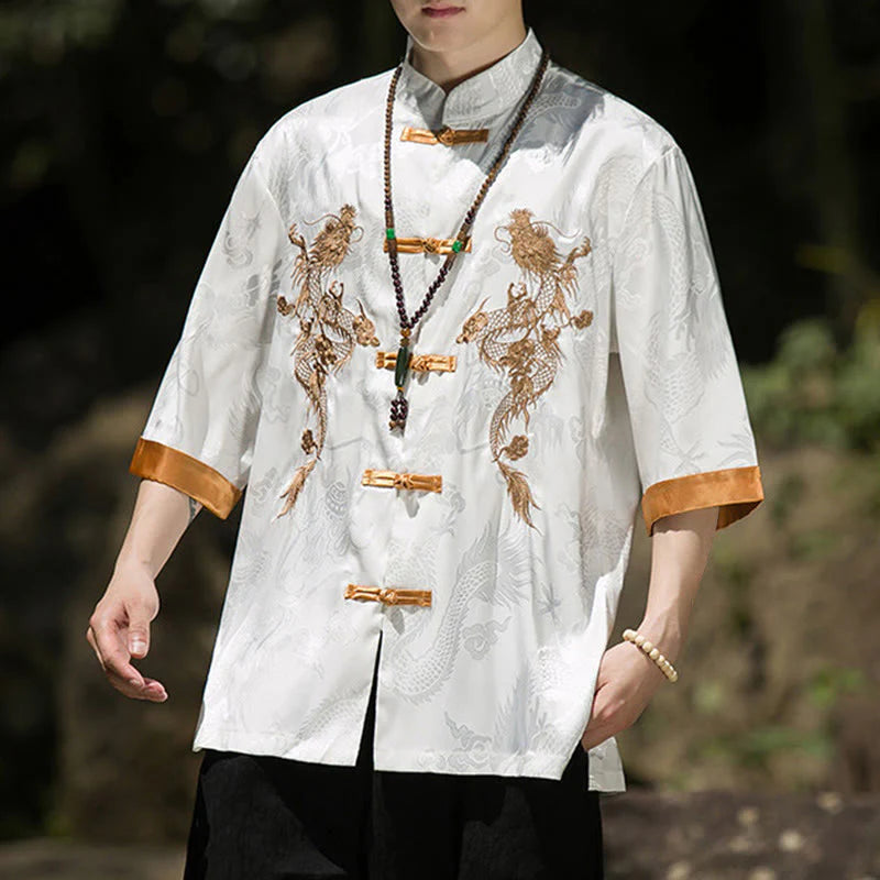 Buddha Stones Embroidered Dragon Pattern Colorblock Design Tang Suit Men's Frog-Button Half Sleeve Shirt