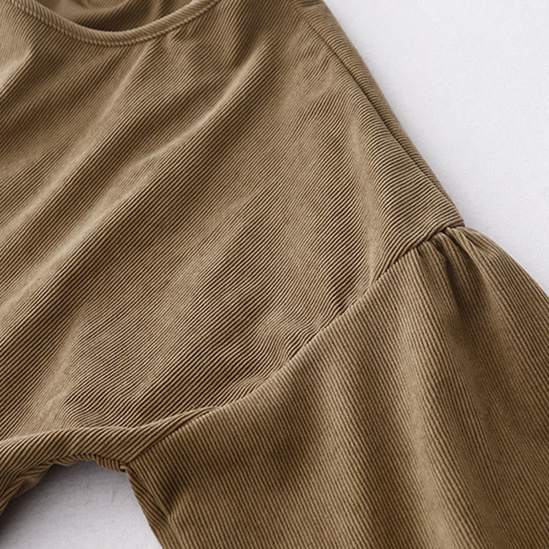 Buddha Stones Tan Solid Color Corduroy Puff Long Sleeve Midi Dress