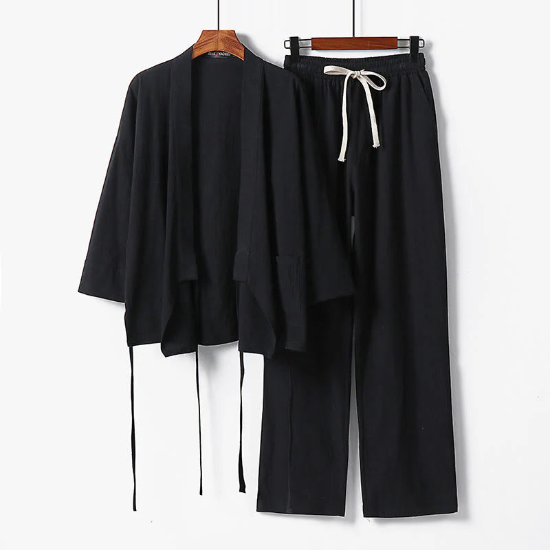 Buddha Stones 2Pcs Lace-up Cotton Kimono Pants With Pockets Men's Meditation Cloth Set