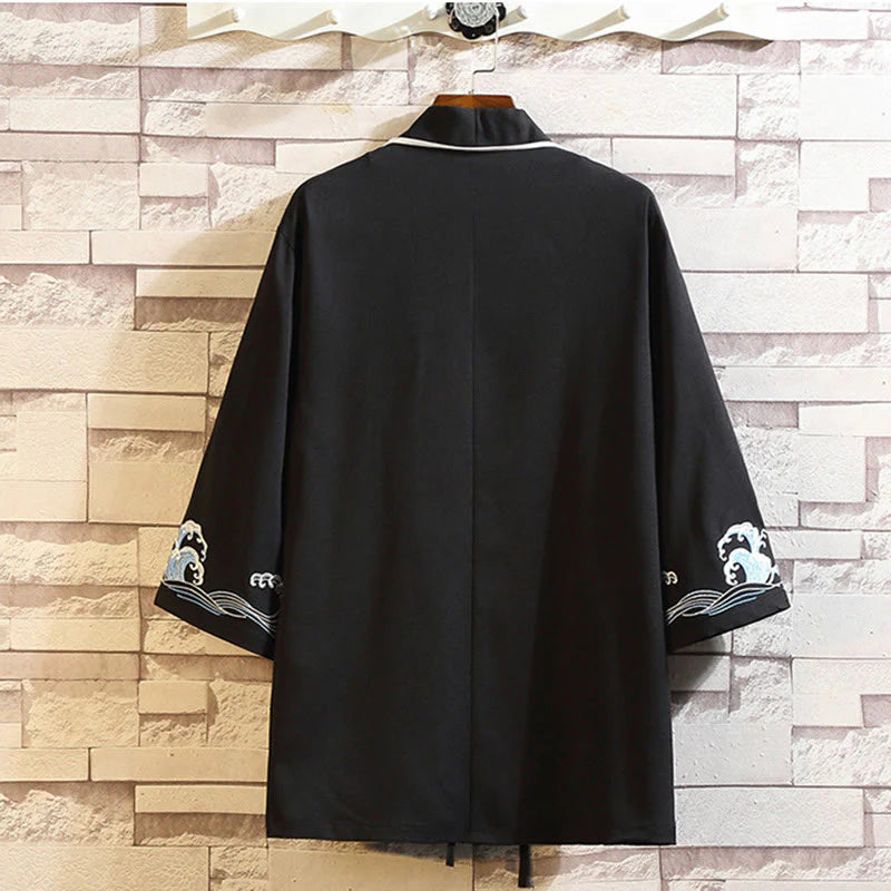 Buddha Stones Embroidery Dragon Phoenix Auspicious Cloud Waves Leaves Cranes Open Front Jacket Men's Kimono