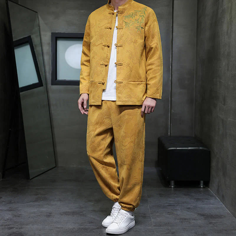 Buddha Stones 2Pcs Spring Dragon Bamboo Clouds Men's Tang Suit Frog-Button Cotton Long Sleeve Jacket Pants Set With Pockets